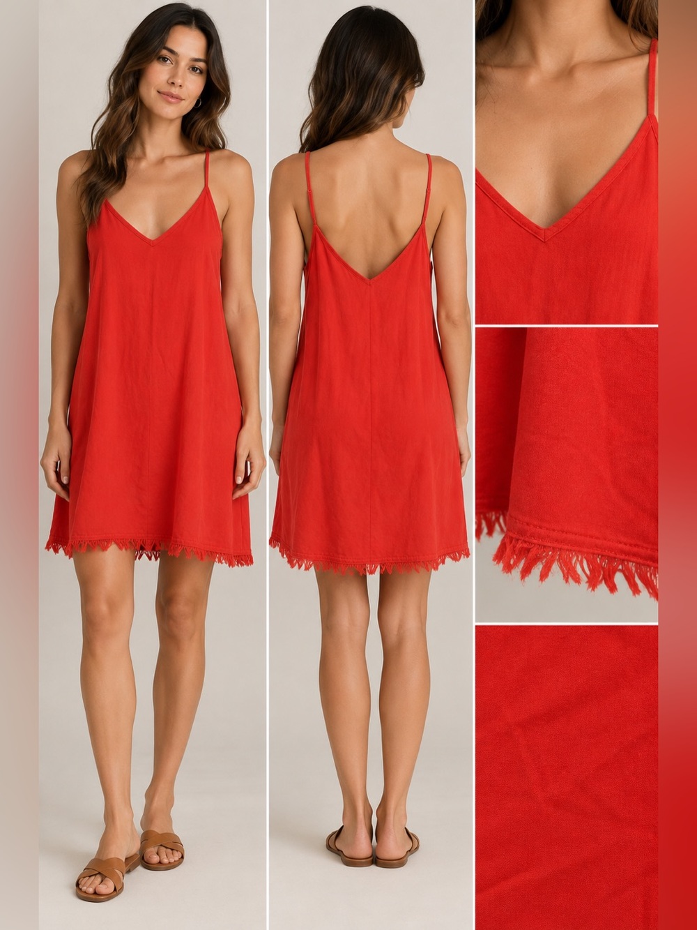 Splendid Linen-Blend Red Slip Dress with Fringe Hem XL